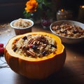 Stuffed pumpkin with rice and nuts. Pumpkin as a dish of thanksgiving for the harvest