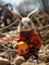 A stuffed rabbit wearing a red jacket and orange helmet, AI