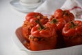 Stuffed red bell peppers with beef meat and rice Royalty Free Stock Photo