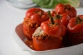 Stuffed red bell peppers with beef meat and rice Royalty Free Stock Photo