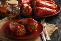 Stuffed red peppers with meat and rice. Royalty Free Stock Photo