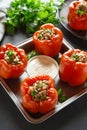 Stuffed red peppers with minced meat, rice, onion Royalty Free Stock Photo