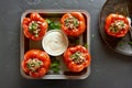 Stuffed red peppers with minced meat, rice, onion Royalty Free Stock Photo