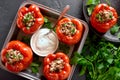 Stuffed red peppers with minced meat, rice, onion Royalty Free Stock Photo
