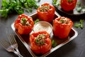 Stuffed red peppers with minced meat, rice, onion Royalty Free Stock Photo