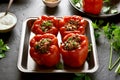 Stuffed red peppers with minced meat, rice, onion Royalty Free Stock Photo