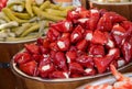 Stuffed red peppers for sale in farmer`s market, vegetarian organic food