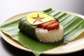 Stuffed rice with a star on a banana leaf - Japanese food, Nasi Lemak wrapped in banan leaf. Malaysian Food and Malaysia Flag, AI