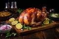 stuffed roast turkey on wooden board with garnishes