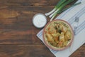 Stuffed Rolled Cabbage meat in Leaves in a Ceramic Plate with White Napkin,Parsley on a Rustic Wooden background. Traditional Roma Royalty Free Stock Photo