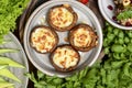 Georgian cuisine. Stuffed shampignon mushrooms with suluguni cheese baked in ketsi pan with greens and vegetables Royalty Free Stock Photo