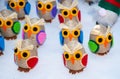 Stuffed small funny owls. Beautiful nice handicraft artisanal souvenir