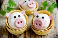 Stuffed snack tartlets with rice, crab sticks, egg, garlic form of funny pigs