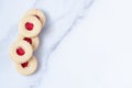 Stuffed strawberry cookies on marble background, copy space Royalty Free Stock Photo