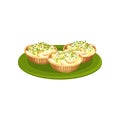 Stuffed tartlets on green plate. Tasty food for holiday dinner. Appetizing snacks. Flat vector design