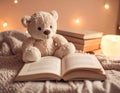 Stuffed Teddy Bear Reading a Book with Warm Candlelight and Gentle Atmosphere Royalty Free Stock Photo