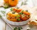 Stuffed tomatoes, baked yellow tomatoes stuffed with bulgur, vegetables and cheese with the addition of aromatic herbs in a baking