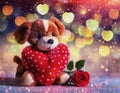 Stuffed Toy Dog holding heart shaped pillow and rose, Valentines Day concept