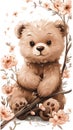 Stuffed toy in the form of a teddy bear sitting on a branch among flowers