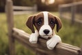 Toy stuffed brown and white puppy looking over a fence Royalty Free Stock Photo