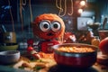 A stuffed toy sitting in front of a bowl of spaghetti. Generative AI image. Royalty Free Stock Photo