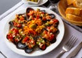 Stuffed by vinaigrette from vegetables tasty mussels at plate Royalty Free Stock Photo