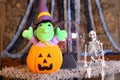 Stuffed witch inside carved pumpkin Royalty Free Stock Photo