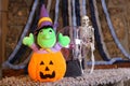 Stuffed witch inside carved pumpkin Royalty Free Stock Photo