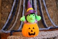 Stuffed witch inside carved pumpkin Royalty Free Stock Photo