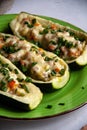 Stuffed zucchini with turkey, tomato, cheese and spring onion on a green plate Royalty Free Stock Photo