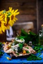 Stuffed zuccini with chicken alfredo..selective focus Royalty Free Stock Photo