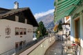 Alpine village of Stulles in province of Bolzano. Restaurant with terrace overlooking the Alps. South Tyrol, Italy