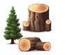 Stump and coniferous trees on a white background, illustration of deforestation, cutting down trees