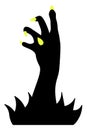 A stump of a dead man`s paw. Silhouette with yellow claws. Curved fingers with sharp nails. Vector illustration. Isolated