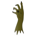 A stump of a zombie hand. Side view. Curved fingers with sharp claws. Dead man`s green hand. Colored vector illustration.