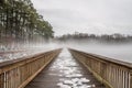 Stumpy Lake Fishing Pier in Snow, Ice and Fog