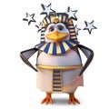 Stunned ancient pharaoh penguin Tutankhamun is dizzy and stunned with stars spinning, 3d illustration