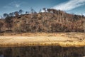 A hillside full of trees burned by a forest fire next to the riverbed of the Rio Tinto river, in the Royalty Free Stock Photo