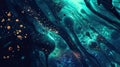 Stunning abstract blue painting with flowing patterns and cosmic elements
