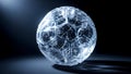 Abstract Crystal Sphere with Hexagonal Facets and Cracks, Illuminated by Blue Light, Dark Background Royalty Free Stock Photo