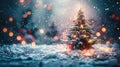 Festive Christmas Tree with Gift on Snowy Night Abstract Landscape Royalty Free Stock Photo