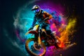 Motocross motorbike rider, dirt bike in space colorful and vibrant