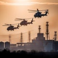 Formation of Military Helicopters over Industrial Complex