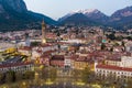 Stunning aerial cityscape of Lecco town on spring evening. Picturesque waterfront of Lecco town located between famous Lake Como