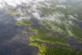 Stunning aerial drone helicopter view of lava fields and forests after a recent eruption of Kilauea volcano on the Big Island of H