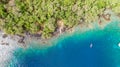 Stunning aerial drone view the Captain James Cook monument in Kealakekua Bay, Big Island, Hawaii. The monument marks the spot wher Royalty Free Stock Photo