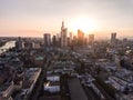 Stunning Aerial Drone View of Frankfurt am Main, Germany Skyline in Pretty Sunlight