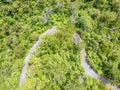 Stunning aerial drone view of a windy road route 12 leading through Waipoua Kauri Forest Royalty Free Stock Photo