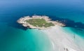 Drone view of Cod Rock, a tiny island north of Bicheno, Tasmania, Australia. Royalty Free Stock Photo