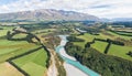 Stunning aerial high angle drone view of Rakaia Gorge Bridge and Rakaia River in inland Canterbury on New Zealand`s South Island.